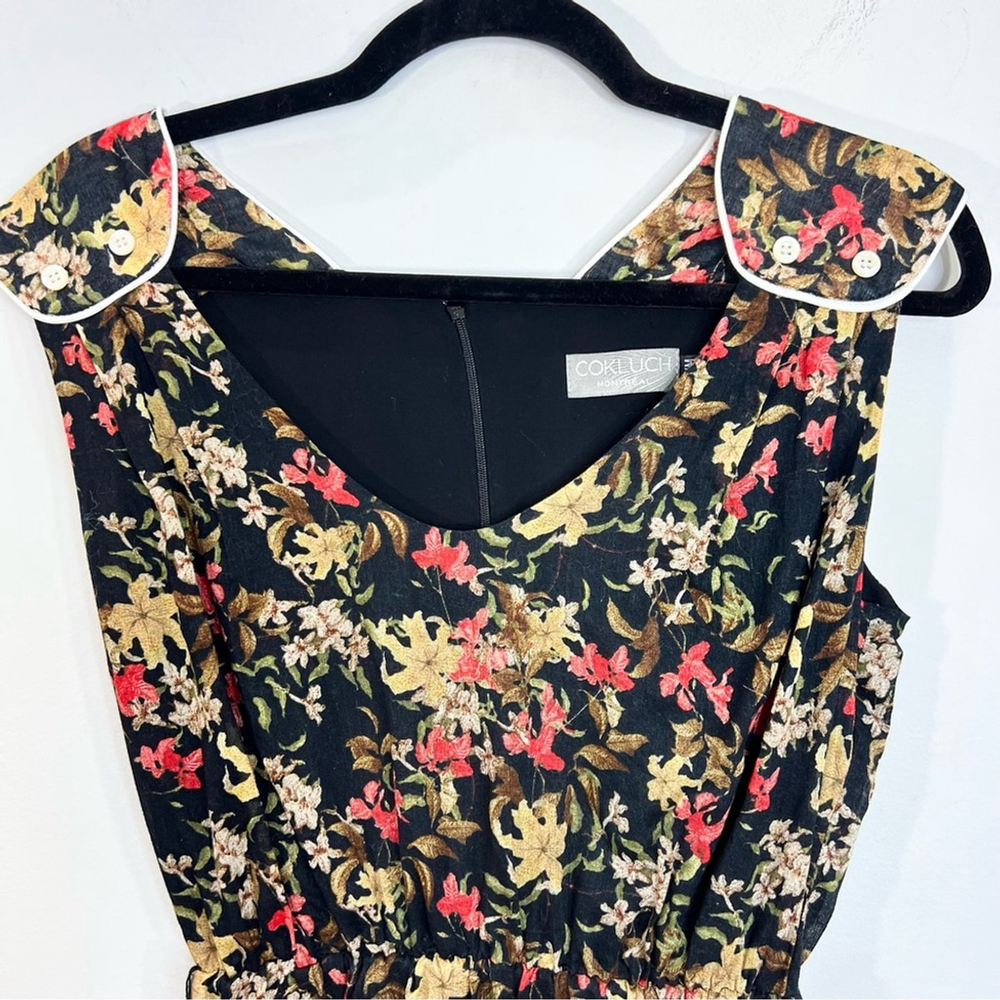 Vintage 80s style Cokluch Montreal black floral gauzy cotton mini summer dress M - Picture 6 of 13